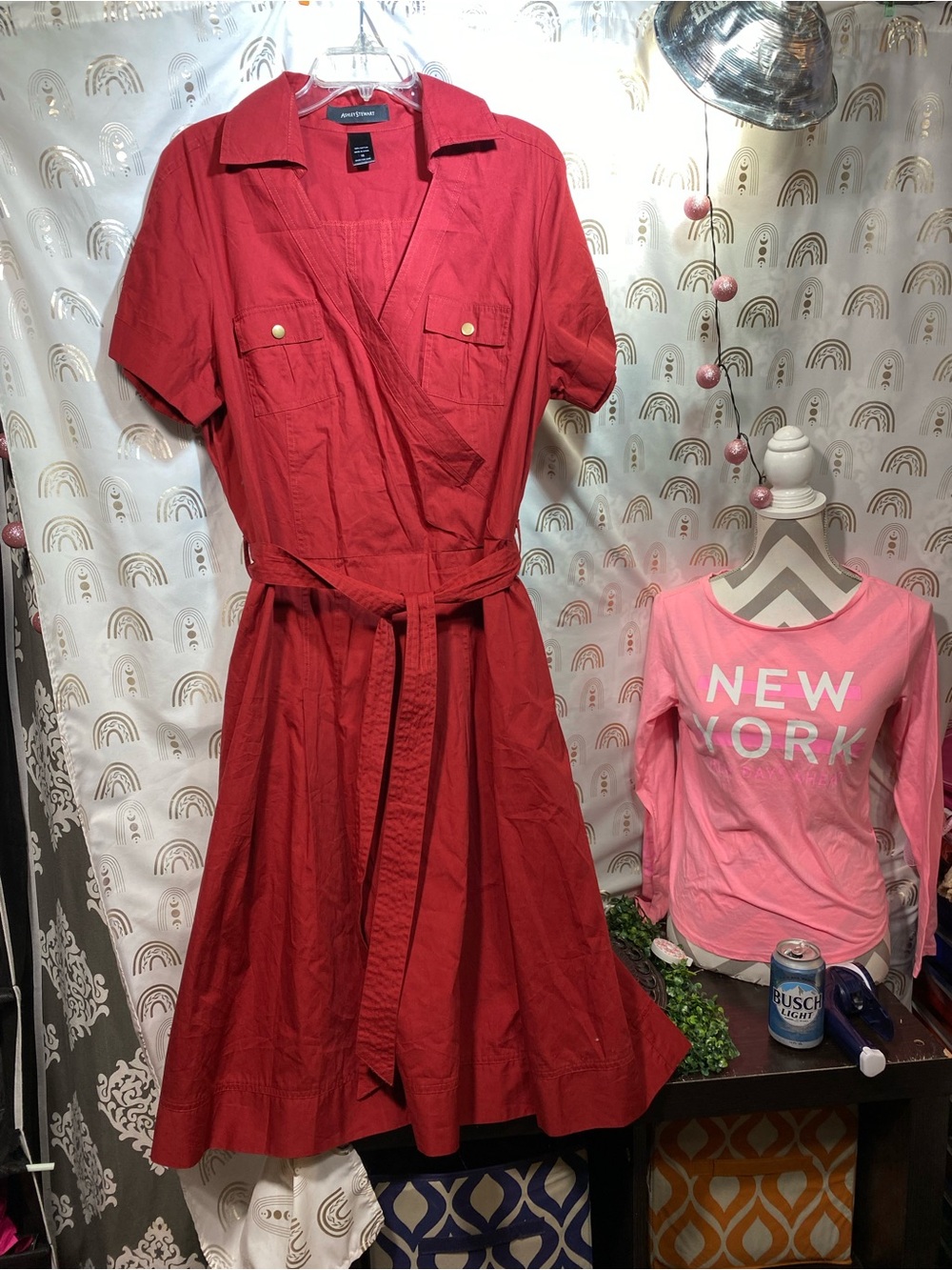 Ashley Stewart Red Short-Sleeve Shirt Dress with Tie Belt